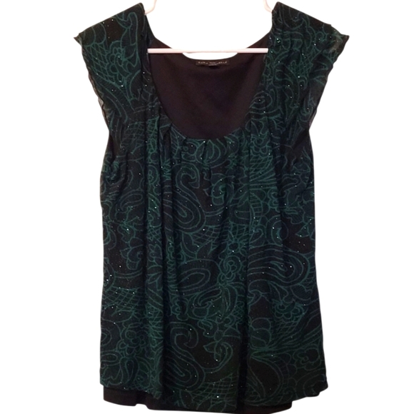 Sara Michelle Black and Green Ruffled Sequin Blouse Size Medium - Picture 1 of 10